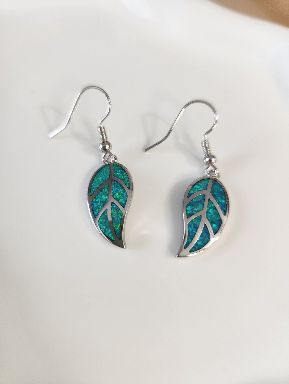 18k White Gold Plated Opal Leaf Dangle Earrings
